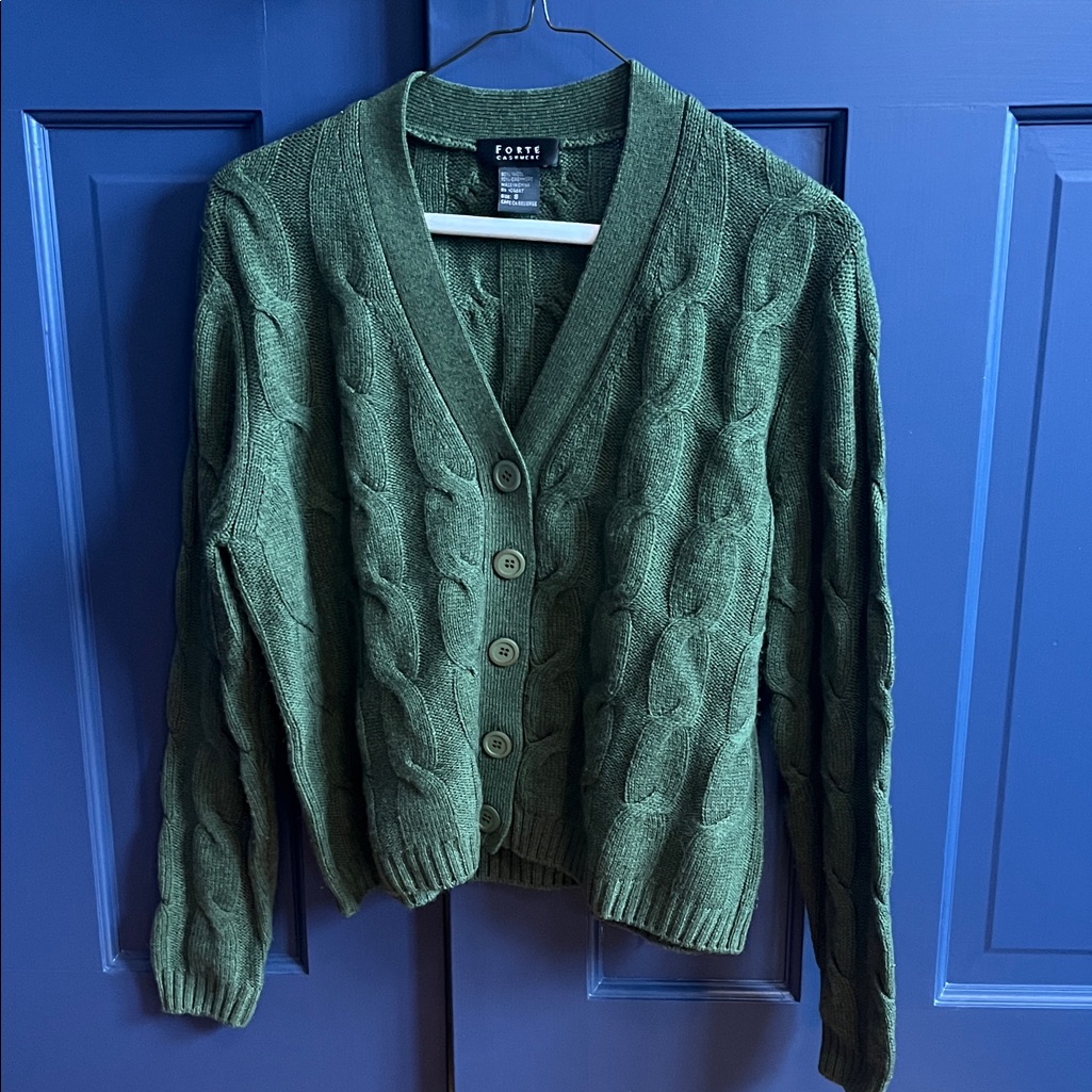 Cozy Green Forte Cashmere Cable Knit Cardigan, Size Small